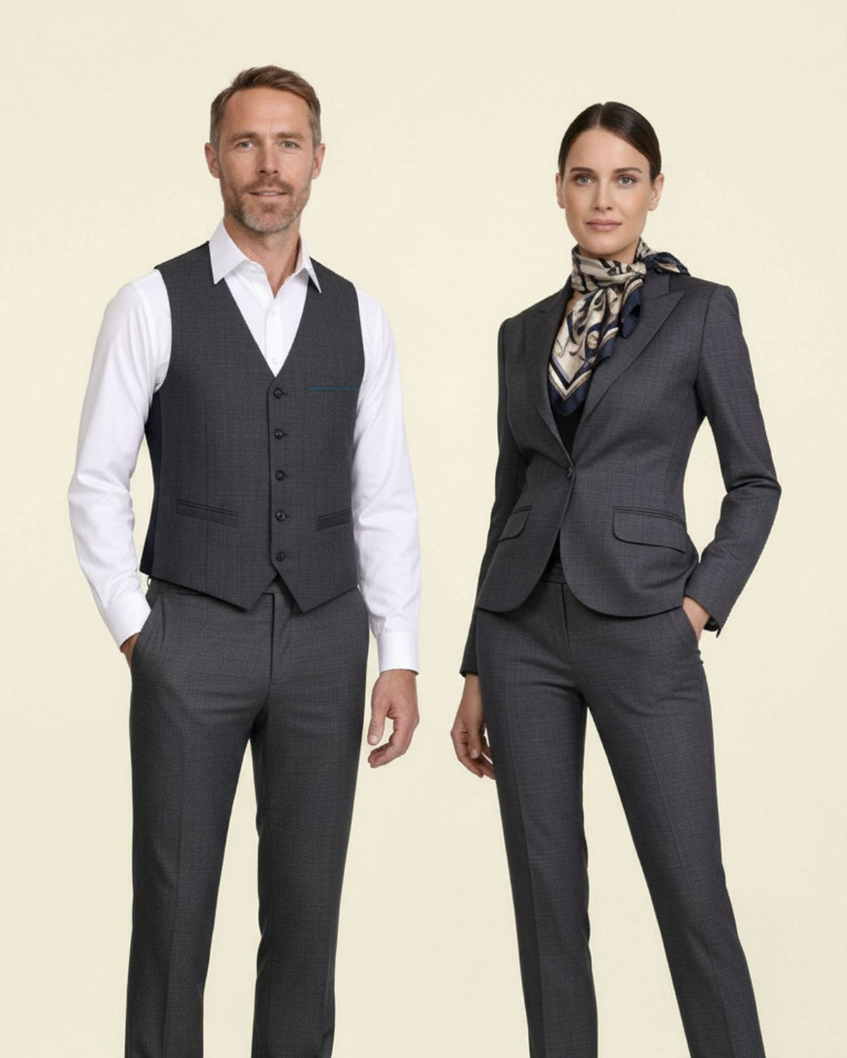 A man and a woman modeling professional business attire against a solid light beige background. The man wears a white dress shirt with a dark gray pinstripe vest and matching trousers.